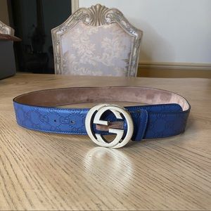 ❤️ Authentic Gucci Vintage Blue Leather Gussisima Belt, Silver Hardware,